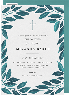 'Monochromatic Botanical Frame' Baptism Invitation